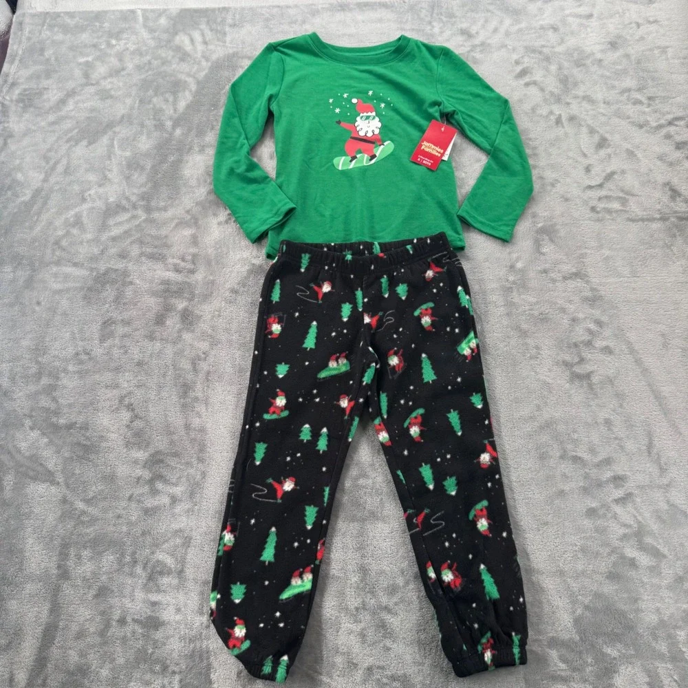 Jammies For Your Families  4 Christmas Pajama Set Santa Snowboard Green Black